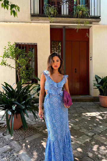 Woochic robe cocktail imprimée col en V dos nu dentelle taille haute bleu 4 S